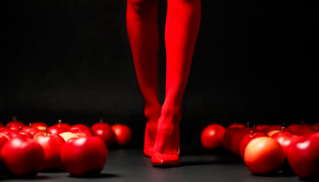 Slender female legs in red stockings and red high-heeled shoes slowly walk between ripe red apples against the black background of an infinity mirror.の素材