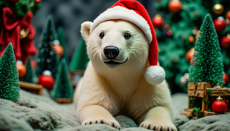 Lovely white teddy bear in a Christmas cap in a magical forest. Christmas background with Christmas balls and decorations. Fairytale atmosphere of New Year and Christmasの素材