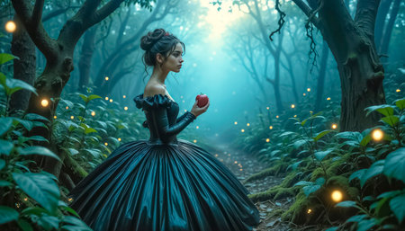Beautiful Snow White with a poisonous apple in a magical forest.の素材
