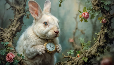 A cute white rabbit with a pocket watch from Alice in Wonderland.の素材