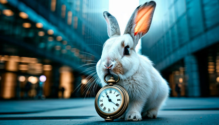 A cute white rabbit with a pocket watch from Alice in Wonderland.の素材