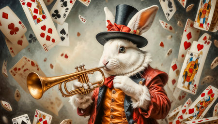 The cute white rabbit is the herald from the fairy tale Alice in Wonderland.の素材