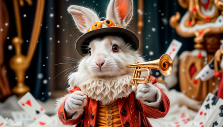 The cute white rabbit is the herald from the fairy tale Alice in Wonderland.の素材