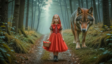 Little Red Riding Hood walking with a basket of groceries along a path in a mysterious magical forest, in the background an evil wolf is chasing a girlの素材