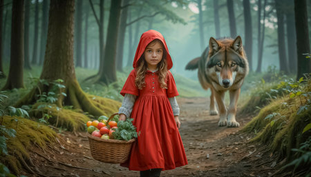Little Red Riding Hood walking with a basket of groceries along a path in a mysterious magical forest, in the background an evil wolf is chasing a girlの素材