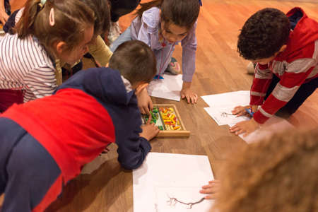 Angers, France - June 21 2019: Children visit the Museum of Fine Arts. kids plays in museum, game club, activity for preschoolers.のeditorial素材