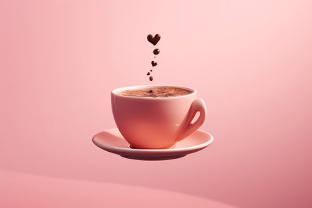 a pink cup of coffee flying in the air, levitation, pink studio lighting, heart shaped drops coming insideの素材