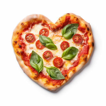 a heart shaped pizza topped with tomatoes and basil, love theme, top view, white backgroundの素材