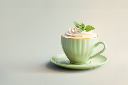 a light green cup of coffee with whipped cream and a sprig of mint,の素材
