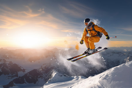 a man flying through the air while riding skis, sundown, winter activity sport vacation conceptの素材