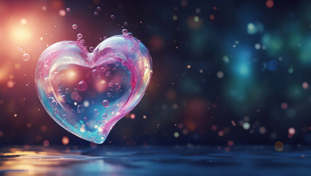 a heart shaped bubble floating on top of water, digital art, glass-cast heart, sparkling abstract backgroundの素材