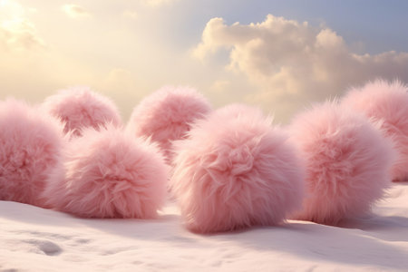 Abstract set of pink fluffy pom poms on snow, creative background conceptの素材