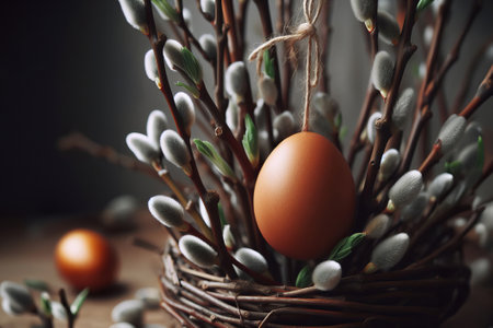 a basket filled with willow branches twigs and brown egg, close up photoの素材
