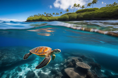 a turtle swimming in the ocean with a small island in the background, landscape shot, splash image, shallow depth, tourism banner conceptの素材