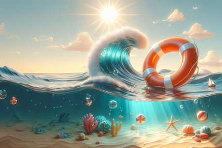 a life preserver floating on top of a wave in the ocean, sunny day at beach, . High quality photoの素材