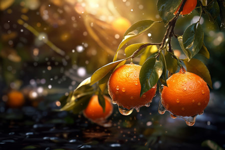 a bunch of oranges hanging from a tree, summer morning dew, water dropletsの素材