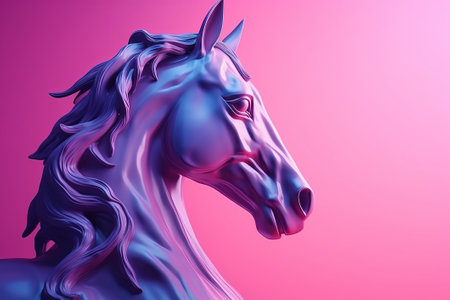 a close up of a statue of a horse, retro pink style, background is purple, with gradientsの素材