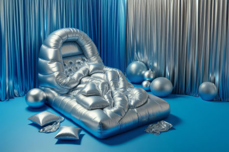 Generated image a purple and blue bedroom with a very shiny bed, shiny bedding set, minimalism, made out of shiny silver, studio product shot, bright saturated colors, studio lit, front viewの素材