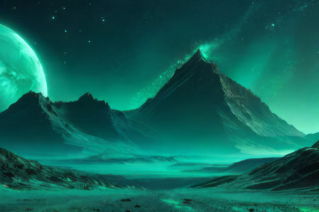 Dark mountains, Shimmering emerald dust, creating a minimalist web banner design. alien night landscape, a monochromatic teal palette. surreal ambiance.の素材