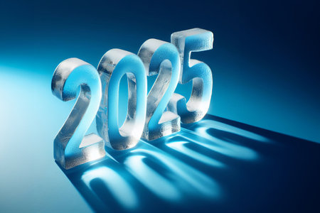 a number 2025 made out of ice on blue background, clear figures, close up fantasyの素材