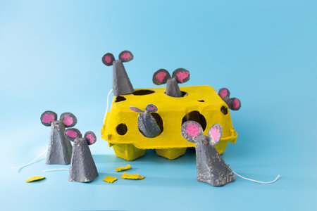 mice and cheese craft made of egg carton box, recycling concept,の写真素材