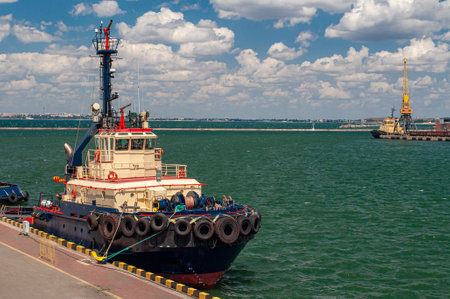 The ship is in the port. black bottom, yellow top of the ship. Cranes unload cargoの写真素材