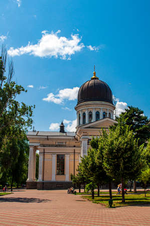 Transfiguration Cathedral, Odessa, Ukraine. July 22.2021. Christian temple with columns and black domes, near the parkのeditorial素材
