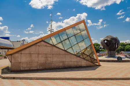 Odessa, Ukraine. July 22.2021. A pyramid-shaped glass building near the seaport, modern constructivist architectureのeditorial素材