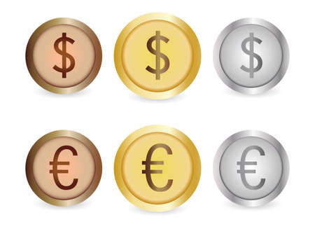 Gold, silver, copper coins dollar and euro vectorのイラスト素材