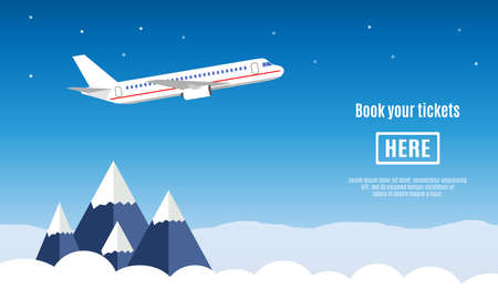 Flat travel banner with aircraft clouds mountains vector illustrationのイラスト素材