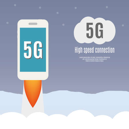 5g template with smartphone flying. High speed mobile web technology. vector illustration.のイラスト素材