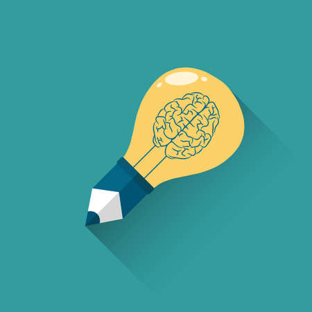Yellow Light bulb pencil brain helix inside flat design with long shadow at green background, Idea concept, web icon, infographic presentation template, element for mobile devices interface, vectorのイラスト素材