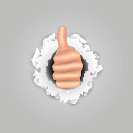 Vector of realistic human hand gesturing thumbs up has broken paperのイラスト素材