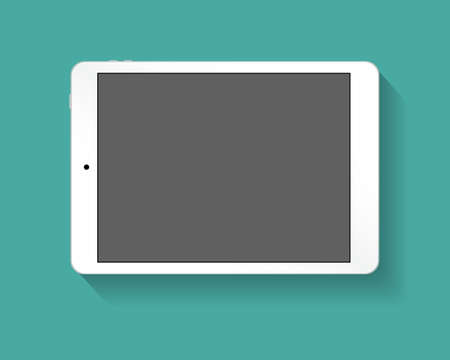 White tablet computer at green backgound with shadow. Vector illustration in flat design. Concept for web design, promotion templates, infographics. vector illustrationのイラスト素材