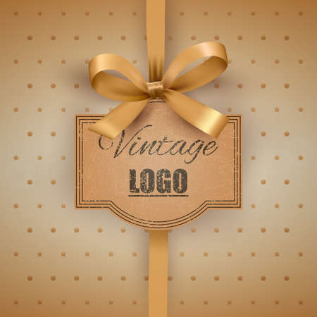 Vintage logo in grunge style with gold bow and ribbon at light brown background with stars and dots. greeting postal card. vector illustrationのイラスト素材