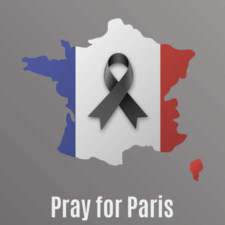 france map with national flag colors inside with black ribbon and text Pray for Paris at dark backround. vector illlustrationのイラスト素材