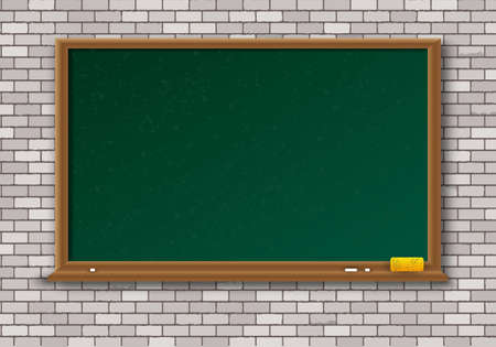 Empty green chalkboard with shadow with wooden frame with yellow sponge and white chalk on white brick wall background. template for cards. web design. illustrationのイラスト素材