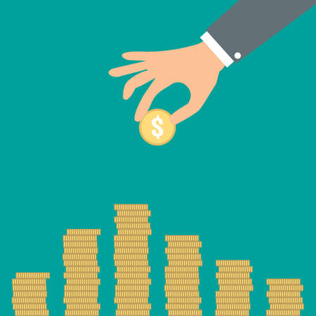 Buisness man hand hold gold coin and stacks with coins on green backgound illustration in flat design. infographics web design elementsのイラスト素材