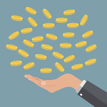 Buisness man hand catching falling gold coin on light background. illustration in flat design, infographics web design elementsのイラスト素材