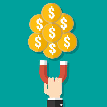 Businessman hand with magnet and Gold coin on green backgound. illustration in flat design, Financials, work motivationのイラスト素材