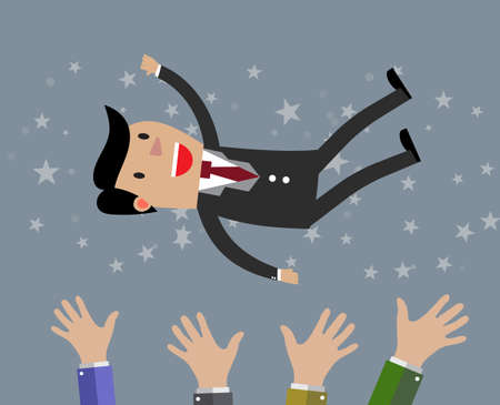 Businessman get thrown into the air by coworkers during celebration. illustration in flat design on grey background. Financials, work motivationのイラスト素材