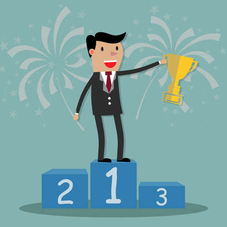Business man on podium holding a gold cup and fireworks at background. illustration in flat design on green background. Financials, work motivationのイラスト素材