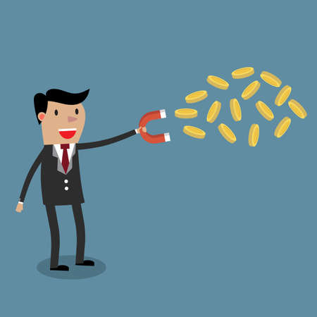 Businessman with magnet and Gold coin. illustration in flat design, Financials, work motivationのイラスト素材