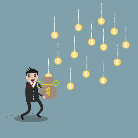 Cartoon businessman gather falling gold coins from sky to money bag. illustration in flat design on grey background. Financials, work motivationのイラスト素材