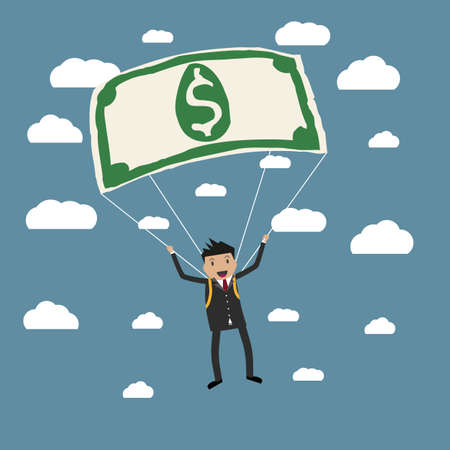 Cartoon businessman uses a dollar for a parachute, gold parachute concept, anticrysis, financial. vector illustration in flat design on blue backgound with cloudsのイラスト素材