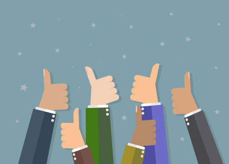 Six cartoon Businessmans hands hold thumbs up. vector illustration in flat design on grey background. Financials, work motivationのイラスト素材