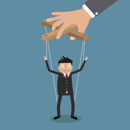 Cartoon Businessman marionette on ropes controlled by hand, vector illustration in flat design on blue backgoundのイラスト素材