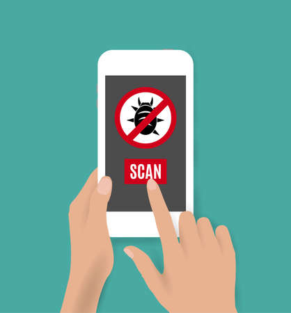 Hands holding white smartphone with antivirus bug icon. vector illustration on green backgound.のイラスト素材