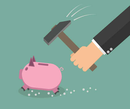 Cartoon businessman hand trying to brake pink piggy bank. vector illustration in flat design on green backgoundのイラスト素材