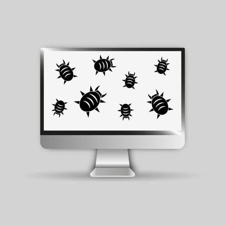 Computer and black virus bugs on screen, desktop pc is infected by malware, vector illustration on grey backgroundのイラスト素材